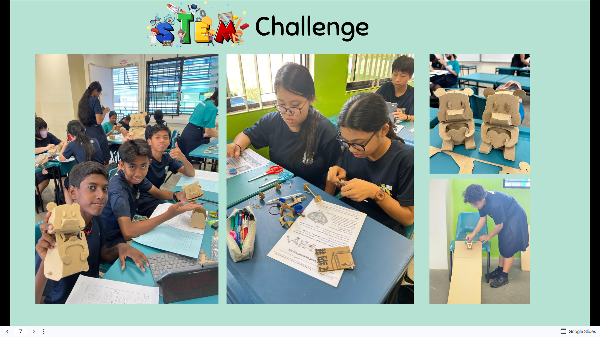 Collage titled STEM Challenge showing students building cardboard figures and testing one on a ramp in class.